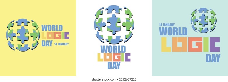 Set of world logic day vector designs with world globe puzzle images and assorted background colors