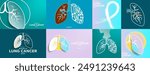 Set of World Lung Cancer Day Posters and Banners in Paper cut out origami style. A pair of lungs with cancer tumor depicting lung cancer. Typographic, minimalism. August 1. Vector Illustration.