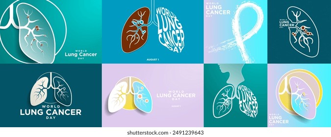 Set of World Lung Cancer Day Posters and Banners in Paper cut out origami style. A pair of lungs with cancer tumor depicting lung cancer. Typographic, minimalism. August 1. Vector Illustration.