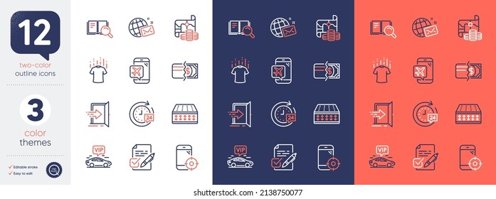 Set Of World Mail, Payment Methods And Voting Ballot Line Icons. Include Search Book, Dry T-shirt, Treasure Map Icons. Vip Transfer, Entrance, 24h Delivery Web Elements. Bicolor Outline Icon. Vector