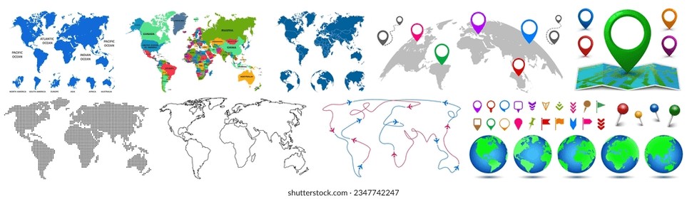 Planeta Planeta Tierra del Mapa Mundial, coloridos países del mundo y nombres de países, división en países, continentes del planeta, con puntos y estilo de línea, pines GPS, conjunto de globos - vector de stock