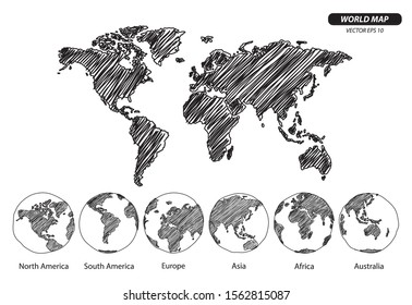 Set of World Map Globe doodle drawings vector illustration.
