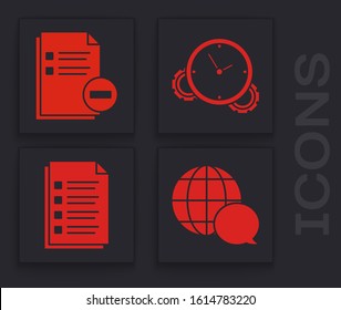 Set World map made from speech bubble, Document with minus, Time Management and File document icon. Vector