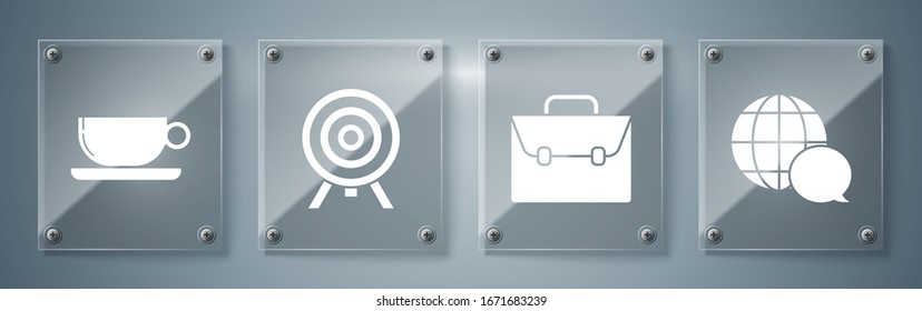 Set World map made from speech bubble, Briefcase, Target and Coffee cup flat. Square glass panels. Vector