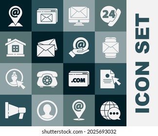 Set World map made from speech bubble, Document and cursor, Mobile envelope, Monitor, Envelope, House, Location mail e-mail and Mail in hand icon. Vector