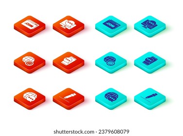 Set World map made from speech bubble, Pencil with eraser, Earth globe mail, Chat messages notification on phone, monitor and Website template icon. Vector