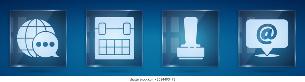 Defina o mapa do mundo feito de balão de fala, calendário, carimbo e e-mail. Painéis de vidro quadrados. Vetor