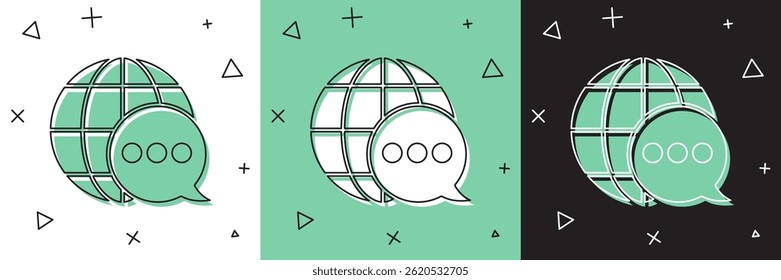 Set World map made from speech bubble icon isolated on white and green, black background. Global communication scheme on Earth.  Vector Illustration
