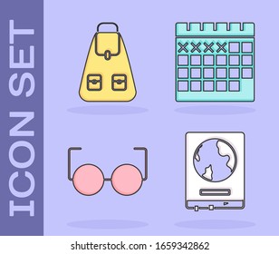 Set World map on a school blackboard, School backpack, Glasses and Calendar icon. Vector