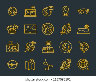 set of world map vector line icons, such as map, way, globe