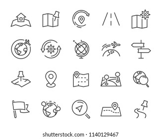 set of world map vector line icons, such as map, way, globe