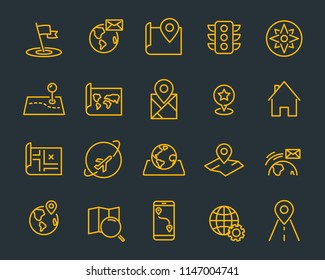 set of world map vector line icons, such as map, way, globe