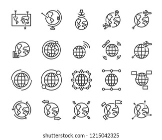 set of world map vector line icons, such as map, way, globe