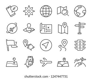 set of world map vector line icons, such as map, way, globe