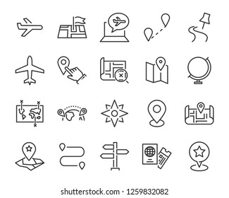 set of world map vector line icons, such as map, way, globe