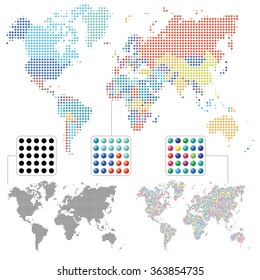 Set of world maps - dotted, black and colored