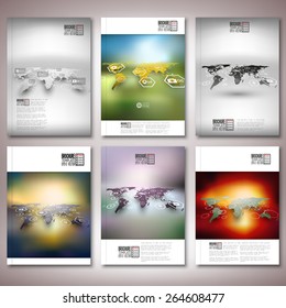 Set of world maps in perspective, blurred infographic vectors. Brochure, flyer or report for business, templates vector.