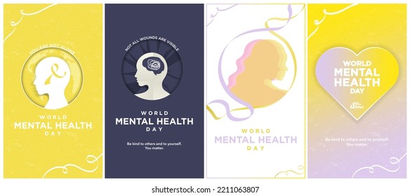 Juego de tarjetas verticales de felicitación por el Día Mundial de la Historia Mental para publicaciones en medios sociales, creación de contenido, blogs, afiches. Humano con cerebro, cinta de sensibilización, corazón gradiente. Conjunto de ilustraciones vectoriales.