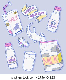 Set for the World Milk Day with cartons and bottles of milk, cute cow mascot and holiday banner