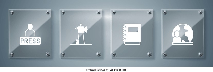 Set World news, Notebook, Antenna and Journalist. Square glass panels. Vector