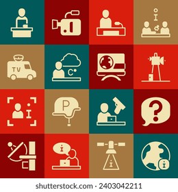 Set World news, Speech bubble chat, Antenna, Television report, Weather forecast, TV News car, Breaking and  icon. Vector