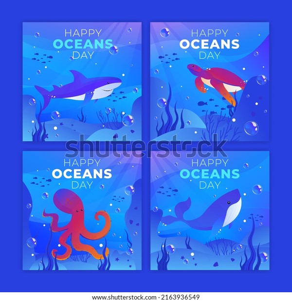 Set of world oceans day background with blue\
underwater ocean, shinny light coral, sea plants, shark, turtle,\
octopus and whale.