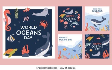 Set of World oceans day cards with underwater Scene .Happy Oceans day concept for poster,banner,template, social media,greeting cards.Vector illustration cartoon flat style