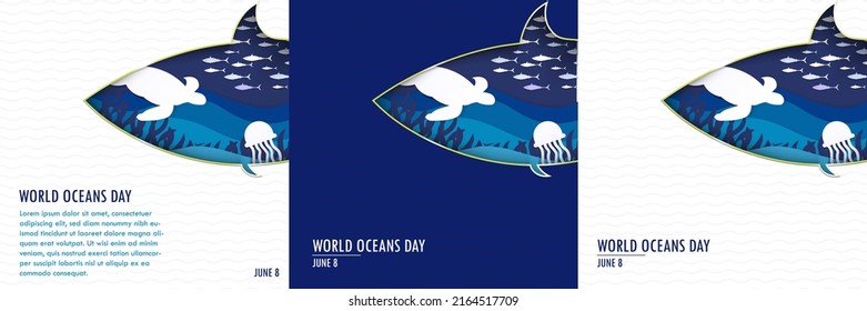 Set Of World Oceans Day Paper Art Concept. Square Format Template With Copy Space. Blue Paper Origami Ocean Inside Fish-shaped Frame With Turtle, Jelly Fish, And Fish. 3D.Vector Illustration. June 8.