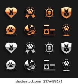 Set World pet, Animal health insurance, Location veterinary hospital, Cat scratching post with toy, Paw print, Turtle, Heart dog and Pet award symbol icon. Vector