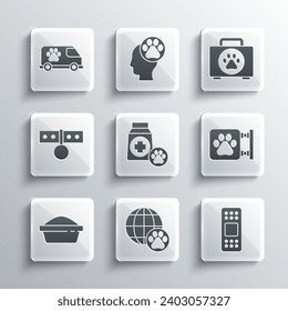 Set World pet, Bandage plaster, Veterinary clinic, Bag of food, Pet bowl, Collar with name tag, ambulance and first aid kit icon. Vector