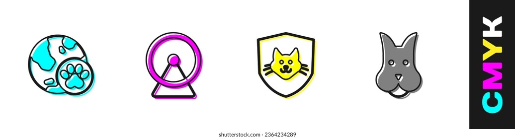 Set World pet, Hamster wheel, Animal health insurance and Dog icon. Vector