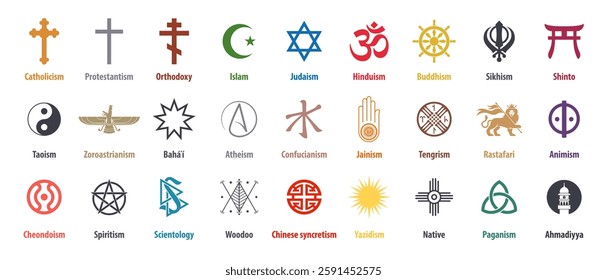 Set of world religion symbols. Colorful signs of major religious groups and religions.