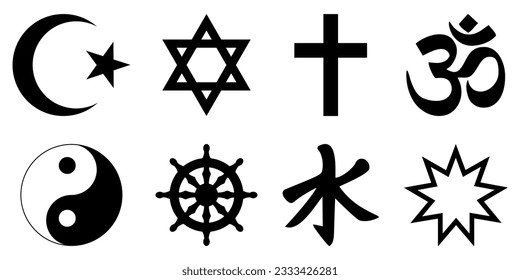 Set of world religion symbols. Islam, Judaism, Christianity, Hinduism, Taoism, Buddhism, Confucianism, Bahaism. Vector illustration 
