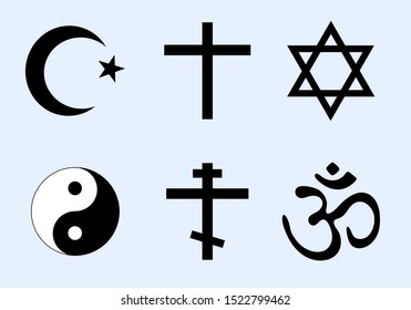 Set of world religion symbols. Vector icons of major religious groups - Islam, Christianity, Judaism, Taoism, Hinduism. Cross, Crescent moon and Star, Six pointed Star of David, Yin Yang and Om (Aum).