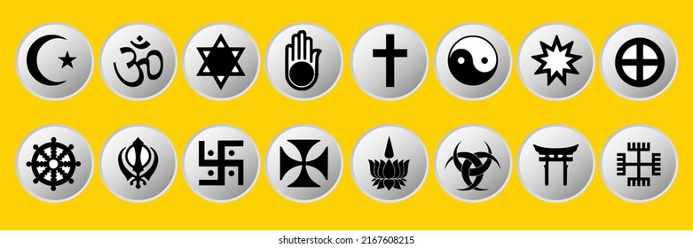 Set of world religion vector icons placed in a white button in the yellow background. Signs of religions Islam, Hinduism, Christianity, Buddhism, Yin-Yang, Shinto, Bahaism, Sikhism, Judaism, Swastika.