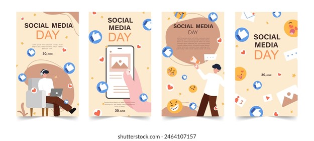 Set of World Social Media Day. June 30. Holiday concept. Template for background, banner, card, poster with text inscription. Vector illustration.