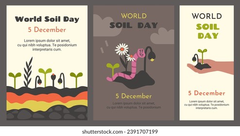 Set of World soil day posters. Human hand holding ground with young fresh shoots. Various ground cross layers. Cute pink earthworm crawling in ground and cleaning soil. Vector