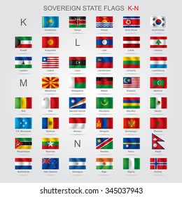 Set of world sovereign state flags with captions in alphabet order.  Vector illustration