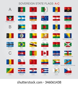 Set of world sovereign state and flags with captions in alphabet order.  Vector illustration