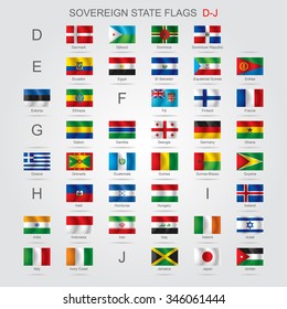 Set of world sovereign state flags with captions in alphabet order.  Vector illustration