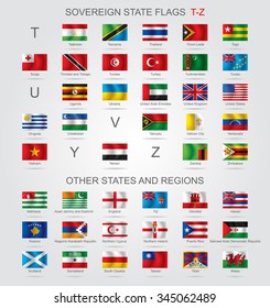 Set of world sovereign state and other flags with captions in alphabet order.  Vector illustration