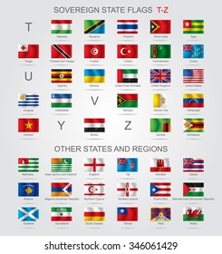 Set of world sovereign state and other flags with captions in alphabet order.  Vector illustration