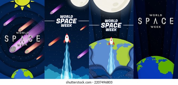 Set of World Space Week Vertical Posters. Bright and colorful. Asteroids, rocket ship, earth, moon. Cartoon and paper art style.  Perfect for posters, social media story, designs, cards. Vector.