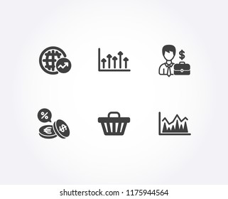 Set of World statistics, Businessman case and Growth chart icons. Currency exchange, Shop cart and Investment signs. Global report, Human resources, growth chart. Vector