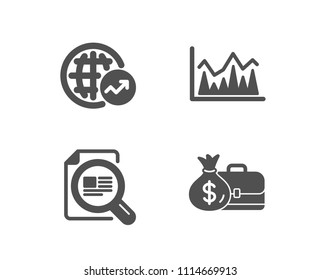 Set of World statistics, Check article and Investment icons. Salary sign. Global report, Magnifying glass, Economic statistics. Diplomat with money bag.  Quality design elements. Classic style. Vector
