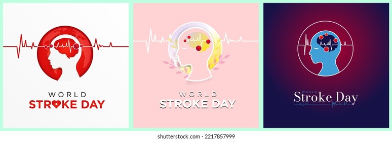 Set of World Stroke Day Greeting Cards. Celebrated on October 29. Minimalist design of human head with heart pulse line on colored background. Vector Illustration.