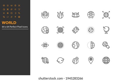 conjunto de iconos de línea delgada del mundo píxel perfecto 64x64, global, viajes, conexión, red, internet, a nivel mundial
