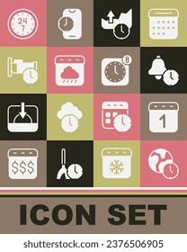 Set World time, Calendar, Alarm clock, Stocks market growth graphs, autumn, Time sleep, Clock 24 hours and app mobile icon. Vector