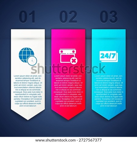 Set World time, Calendar date delete and Clock 24 hours. Business infographic template. Vector