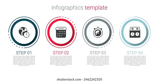 Establecer la hora del mundo, calendario, cronómetro y reloj de ajedrez de tiempo. Plantilla de infografía de negocios. Vector